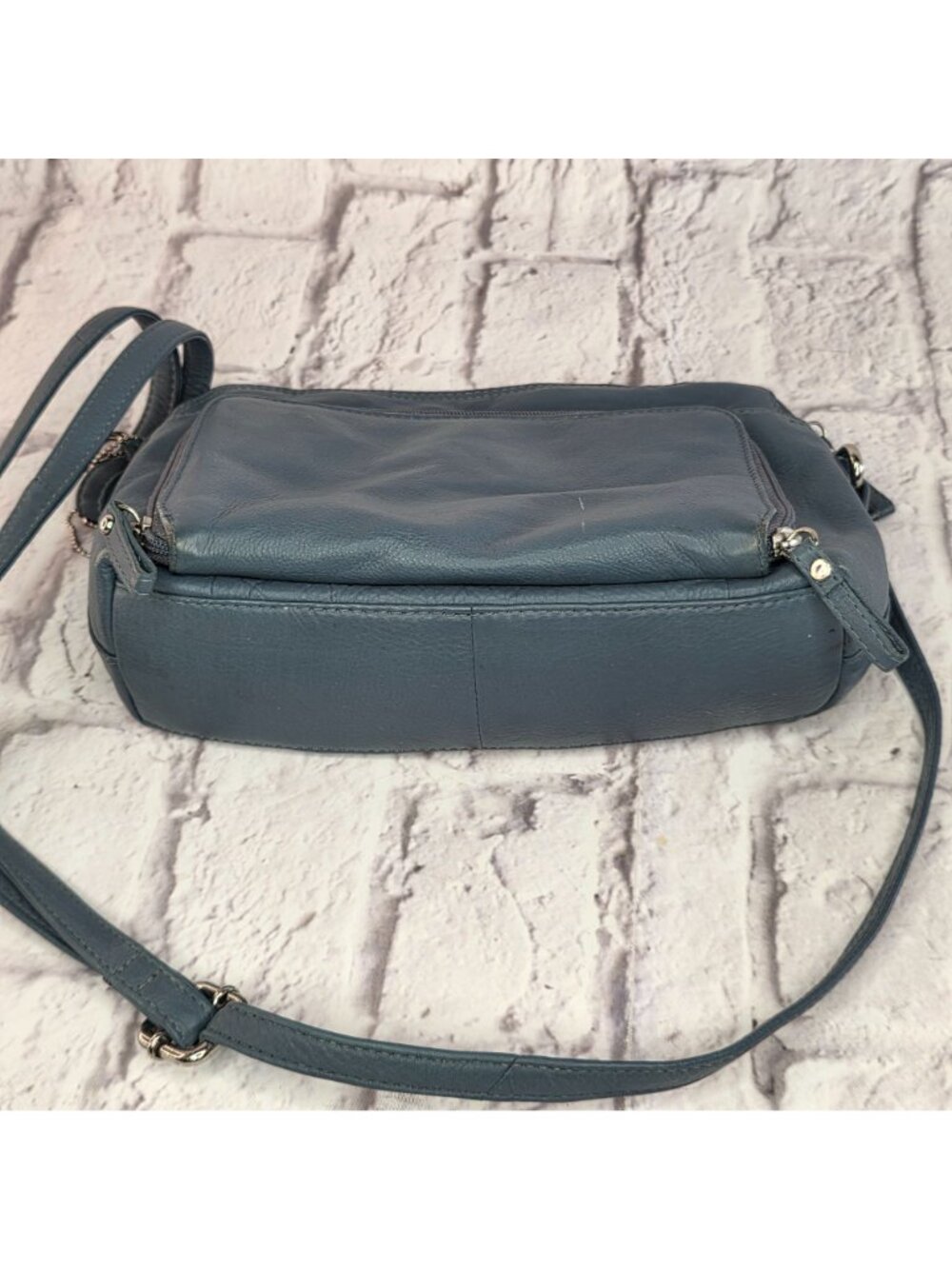Great American Leather Works Crossbody Bag Blue Gray Multi Pocket Leather Purse - Picture 8 of 16